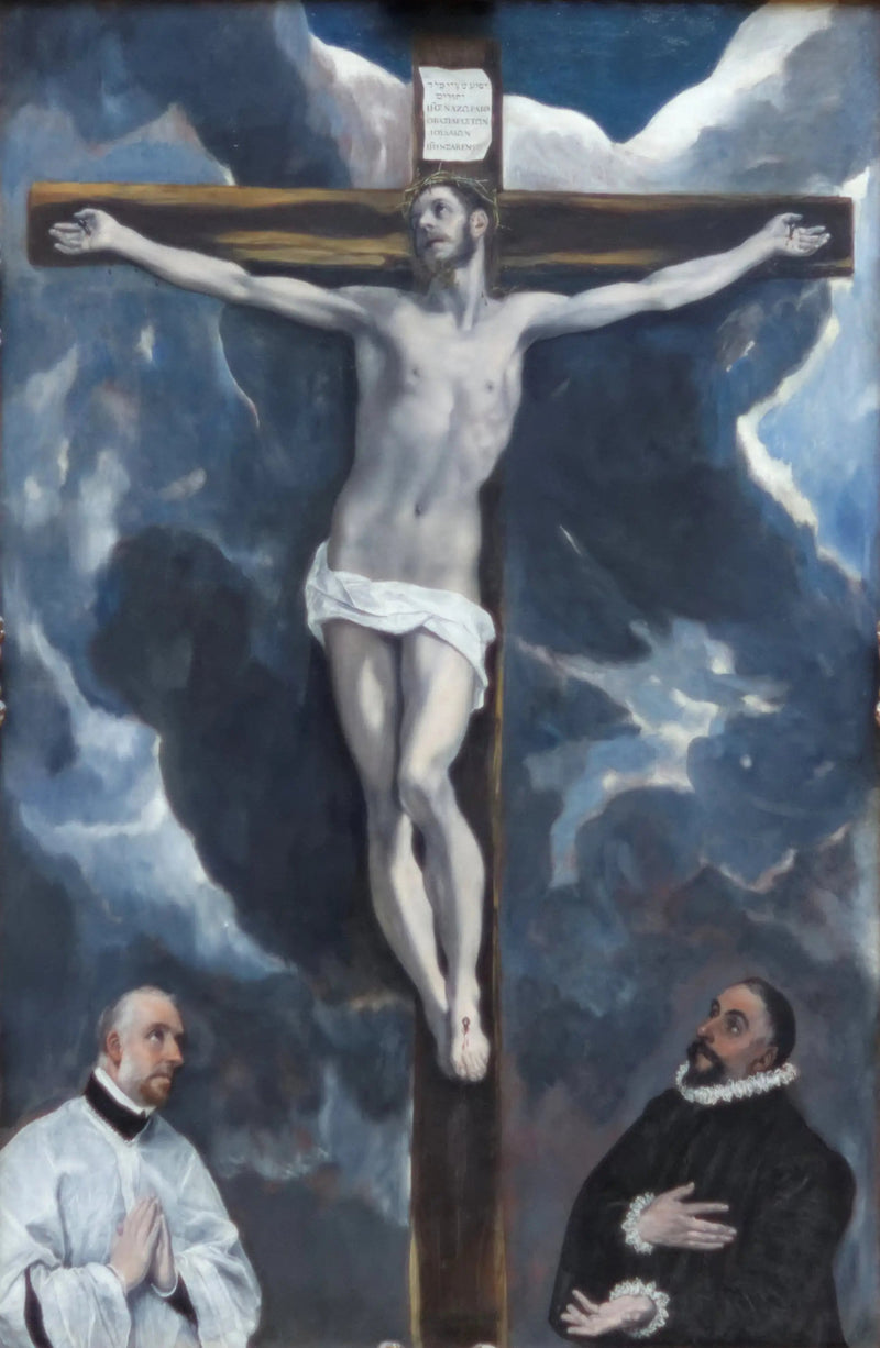 Christ på korset æret af to donatorer - El Greco