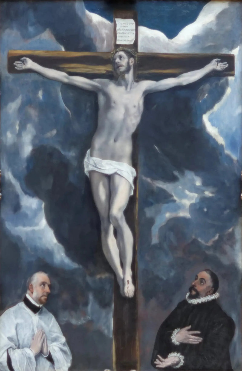 Christ på korset æret af to donatorer - El Greco