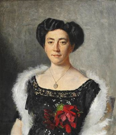 Christiane Bruun de Neergaard i sort aftenkjole dekoreret med en rød rose - Michael Peter Ancher