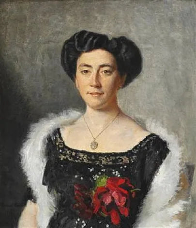 Christiane Bruun de Neergaard i sort aftenkjole dekoreret med en rød rose - Michael Peter Ancher