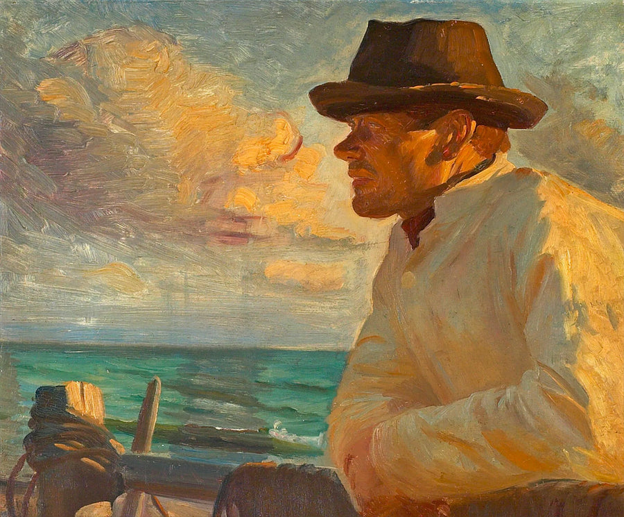 Christoffer i solen, stående på havmuren. - Michael Peter Ancher