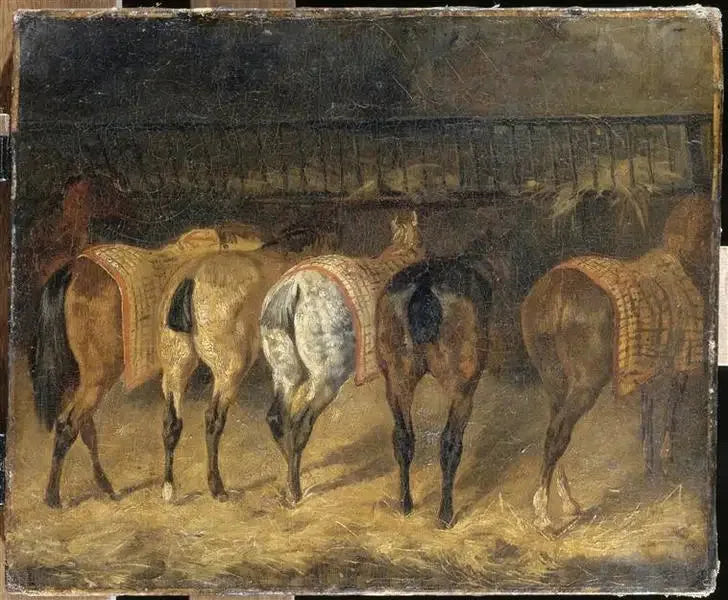 Fem heste set fra bagenden i en stald - Théodore Géricault