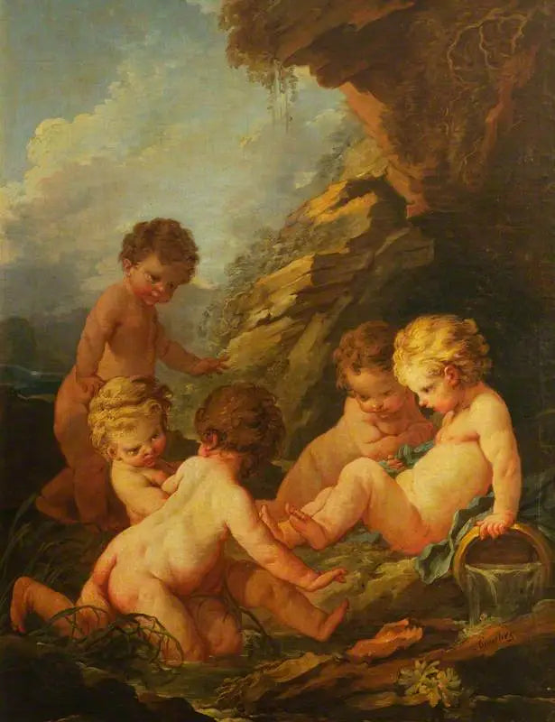 Fem nøgne børn, der leger ved kanten af en klippepools - François Boucher
