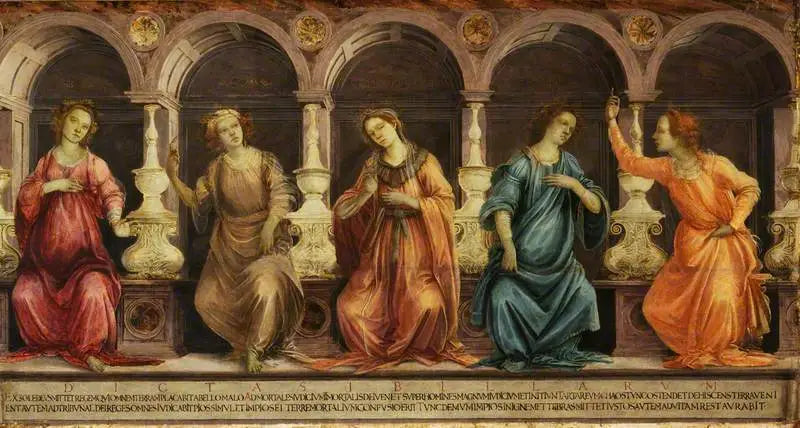 Fem sibyller siddende i nicher: den Samiske, den Cumeiske, den Hellespontiske, den Frygiske og den Tiburtine - Filippino Lippi