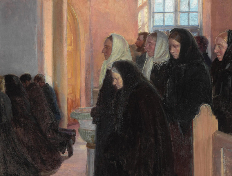 Nadver i Skagens kirke. Sollys filtreres gennem de farvede glasvinduer. - Anna Ancher
