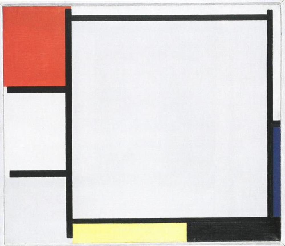 Reproduction du tableau « Composition avec du rouge, du bleu, du jaune, du noir et du gris - Piet Mondrian » par Alpha Reproduction en peinture à l’huile