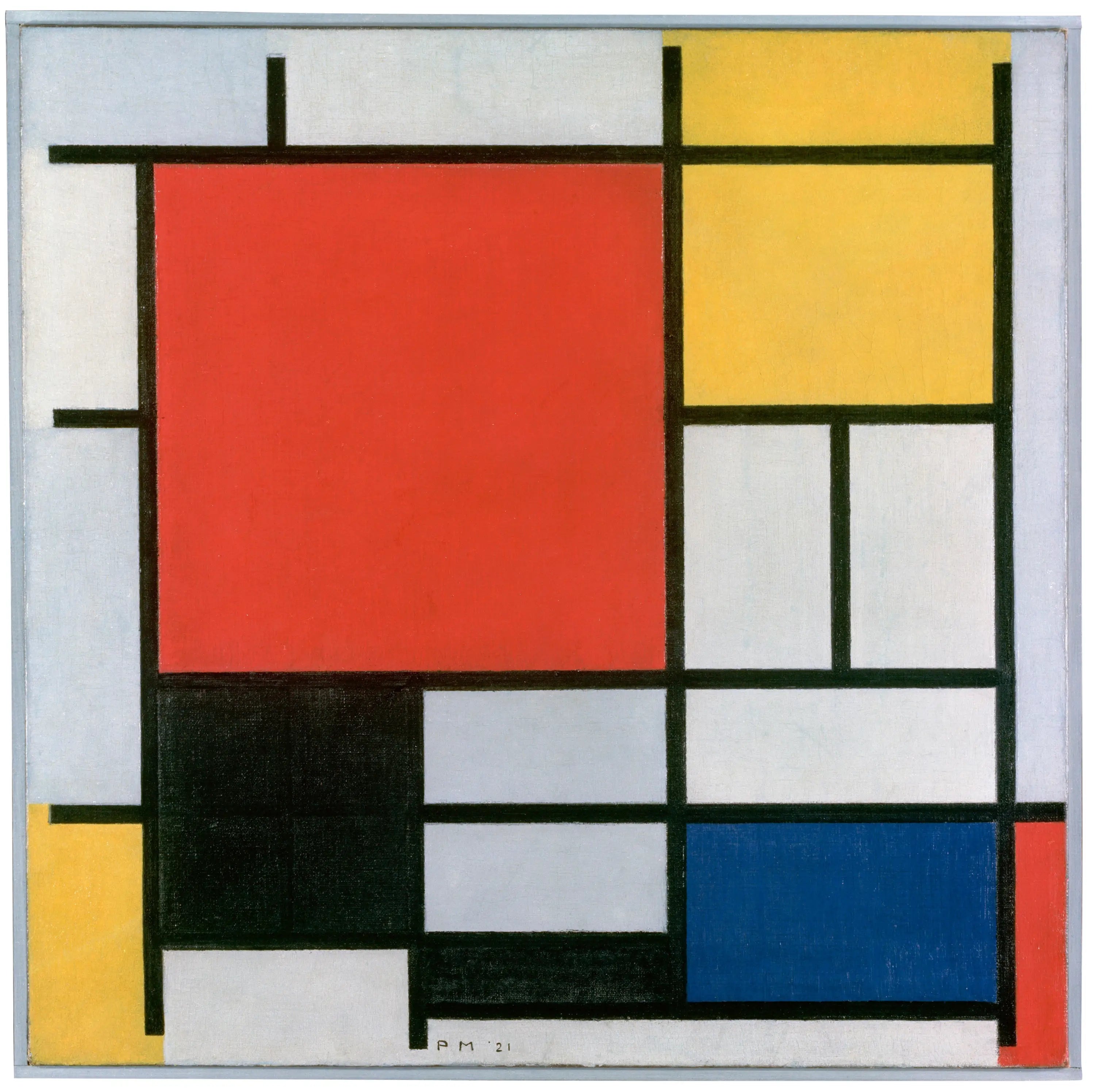 Composition avec grand plan rouge, jaune, noir, gris et bleu - Piet Mondrian image 1 tableau peint à l’huile sur toile