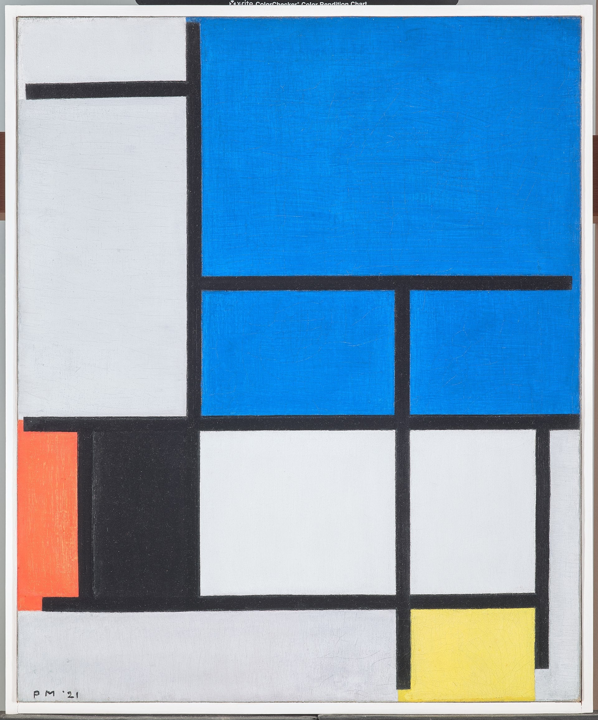 Komposition med et stort blå, rød, sort, gul og grå fly - Piet Mondrian
