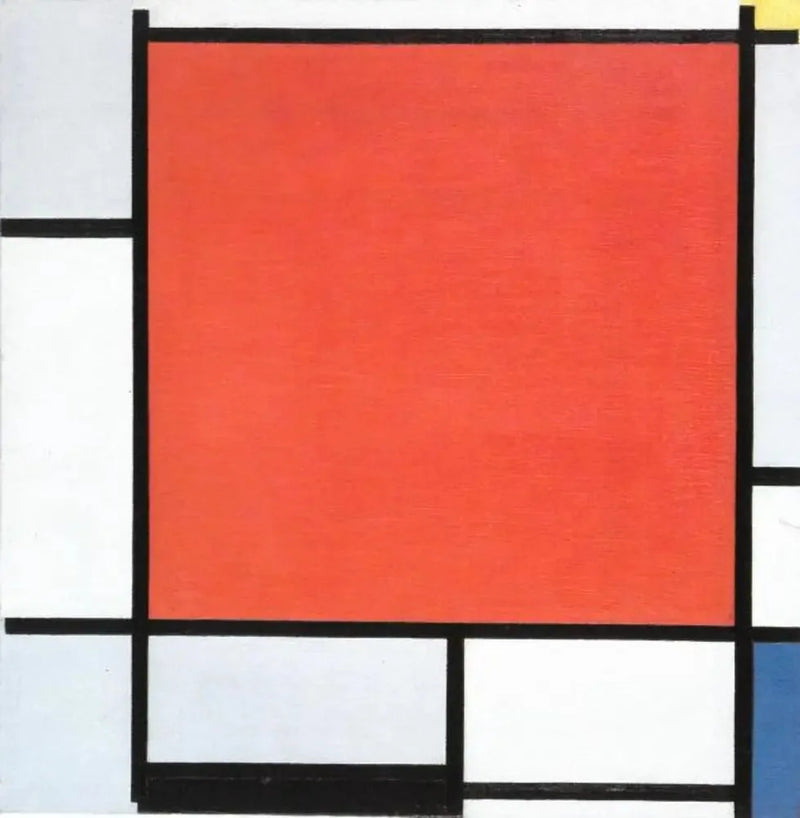 Komposition med et stort rødt, gråblåt, gult, sort og blåt fly - Piet Mondrian
