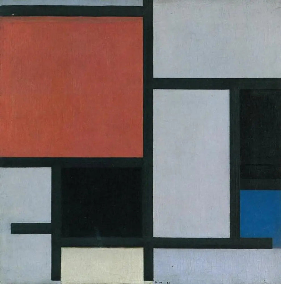 Komposition med et stort rødt, sort, blåt, gult og gråt fly - Piet Mondrian