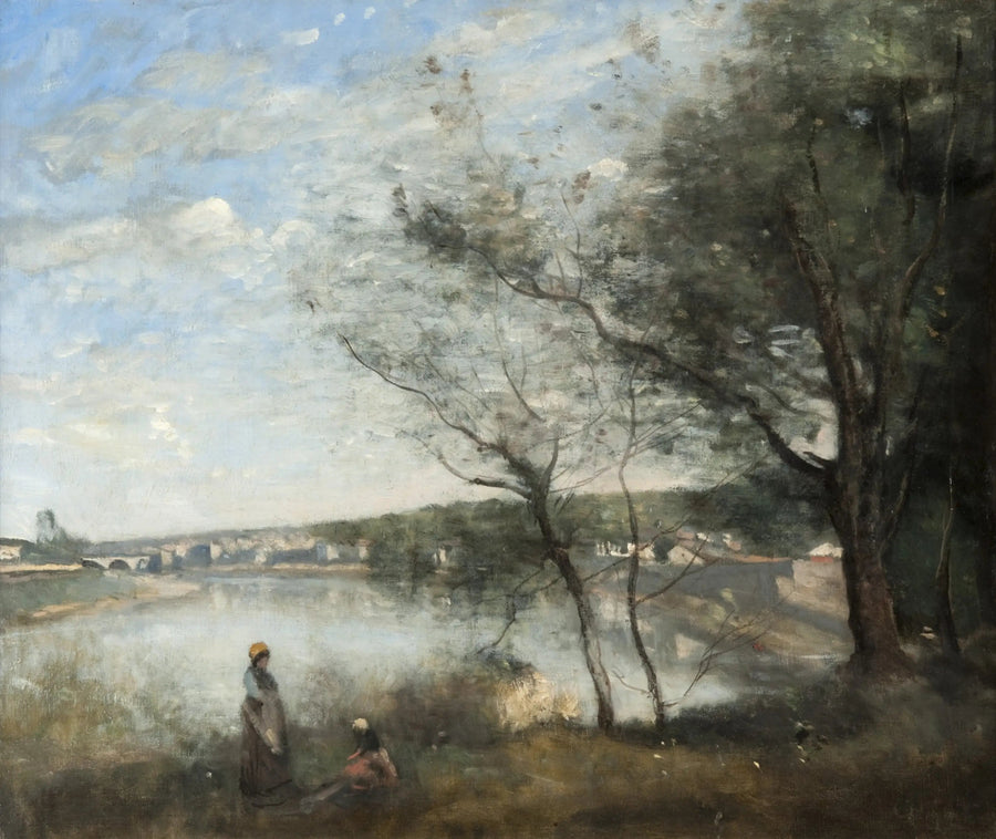 Corbeil set udefra: Bag træerne, om morgenen - Jean-Baptiste Camille Corot