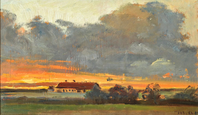 Solnedgang ved Skagen med udsigt til Rytter Särens gård. - Michael Peter Ancher