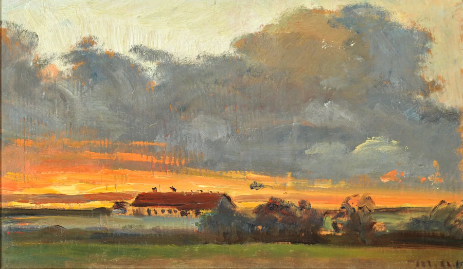 Solnedgang ved Skagen med udsigt til Rytter Särens gård. - Michael Peter Ancher