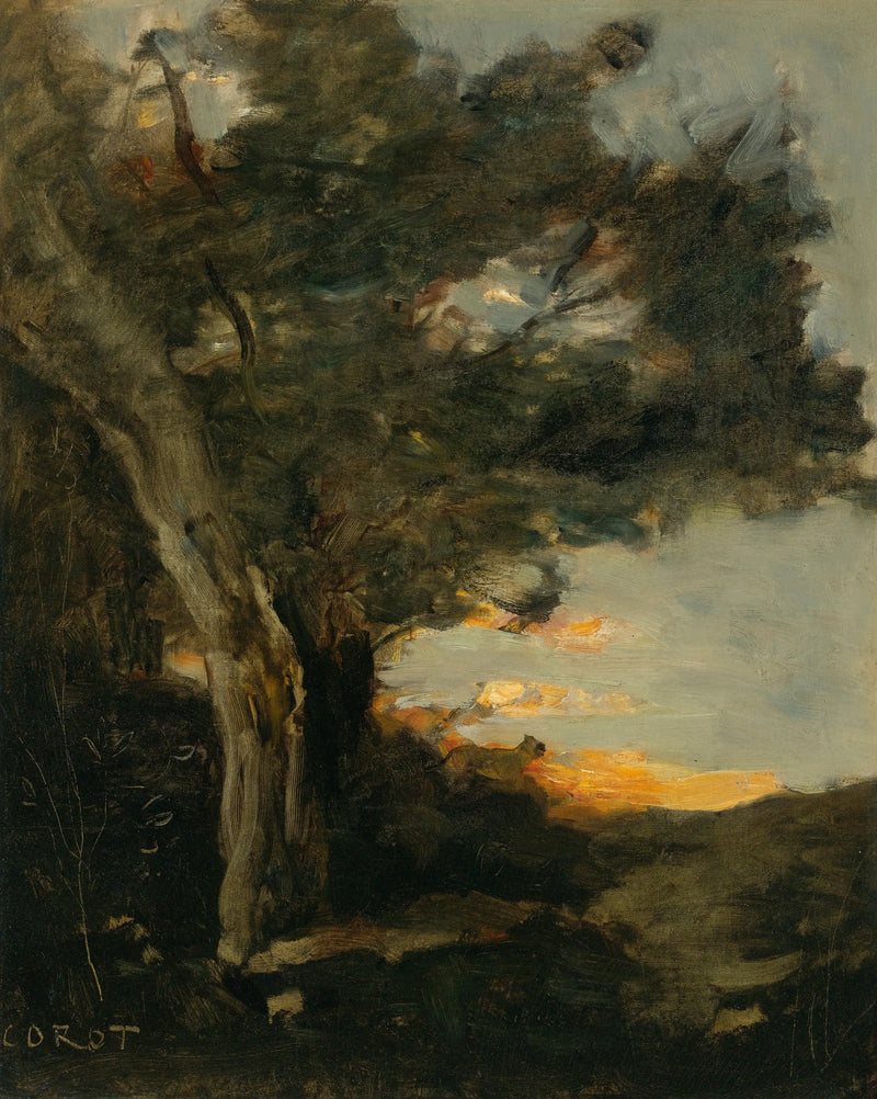 Solnedgang med en løveinde - Jean-Baptiste Camille Corot