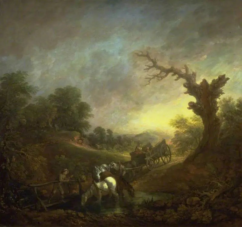 Solnedgang: Trækheste, der drikker ved bredden af en bæk - Thomas Gainsborough