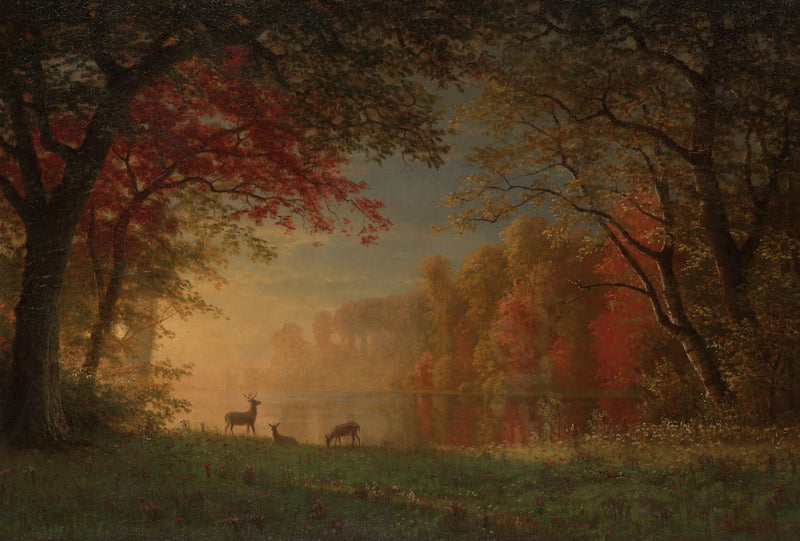 Indisk solnedgang: hjort ved bredden af en sø - Albert Bierstadt