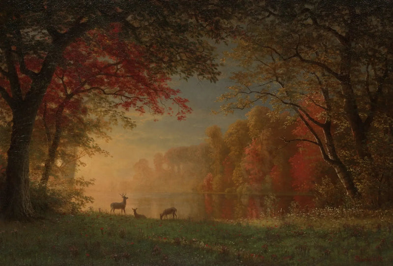 Indisk solnedgang: hjort ved bredden af en sø - Albert Bierstadt