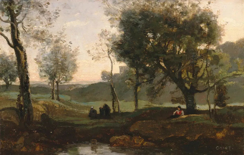 Solnedgang: personer under træerne - Jean-Baptiste Camille Corot