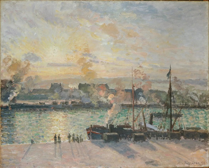 Solnedgang, havnen i Rouen (dampskibe) - Camille Pissarro