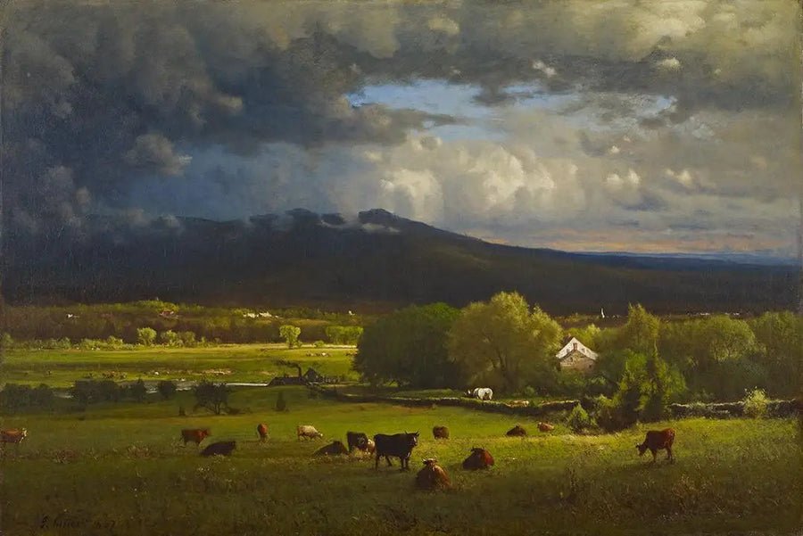 Solnedgang over floden - George Inness