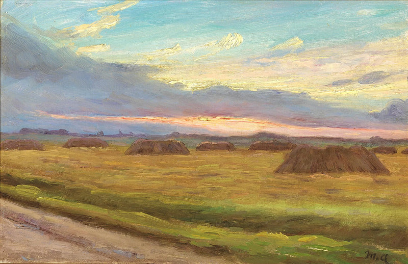 Solnedgang over et høstlandskab i Skagen. - Michael Peter Ancher