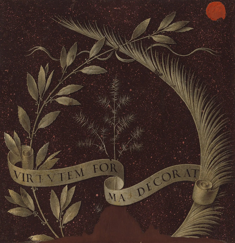 Laurbærkrans, palme og enebær med et pergament med inskriptionen Virtutem Forma Decorat [revers] - Leonardo da Vinci