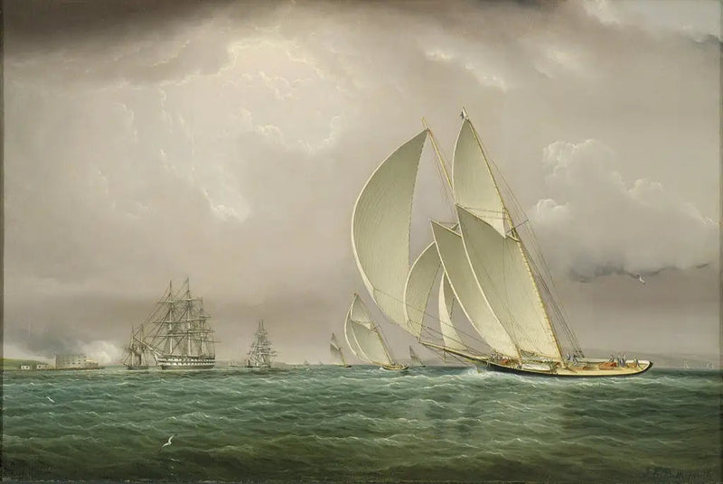 Yachtregatta i New York havn med flådehilsen ved William Castle på Gouverneur Island - James E. Buttersworth