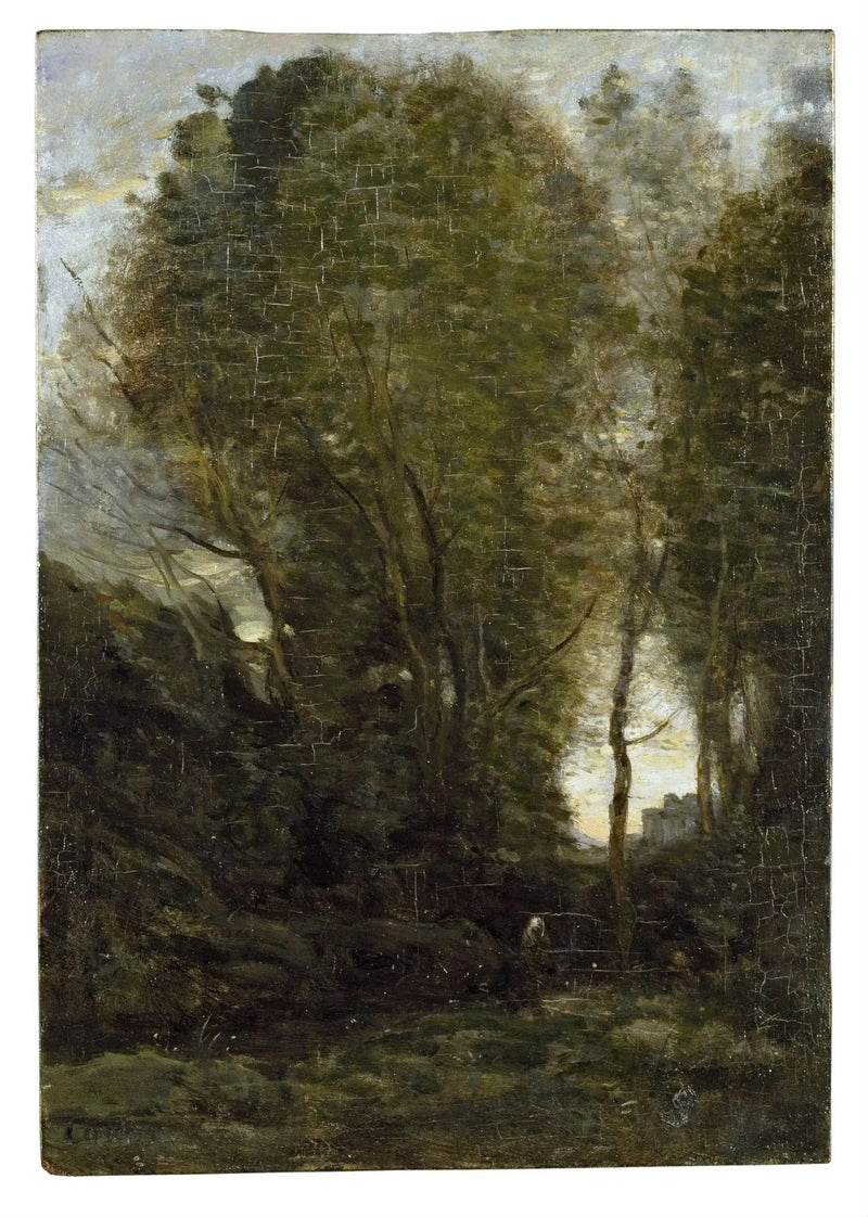 Skumring: Landskab med store træer og en kvindelig figur - Jean-Baptiste Camille Corot