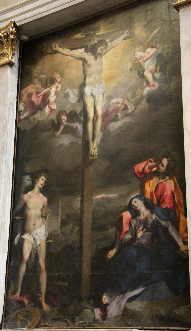 Korsfæstelse med Jomfru Maria, San Giovanni og San Sebastiano - Federico Barroci
