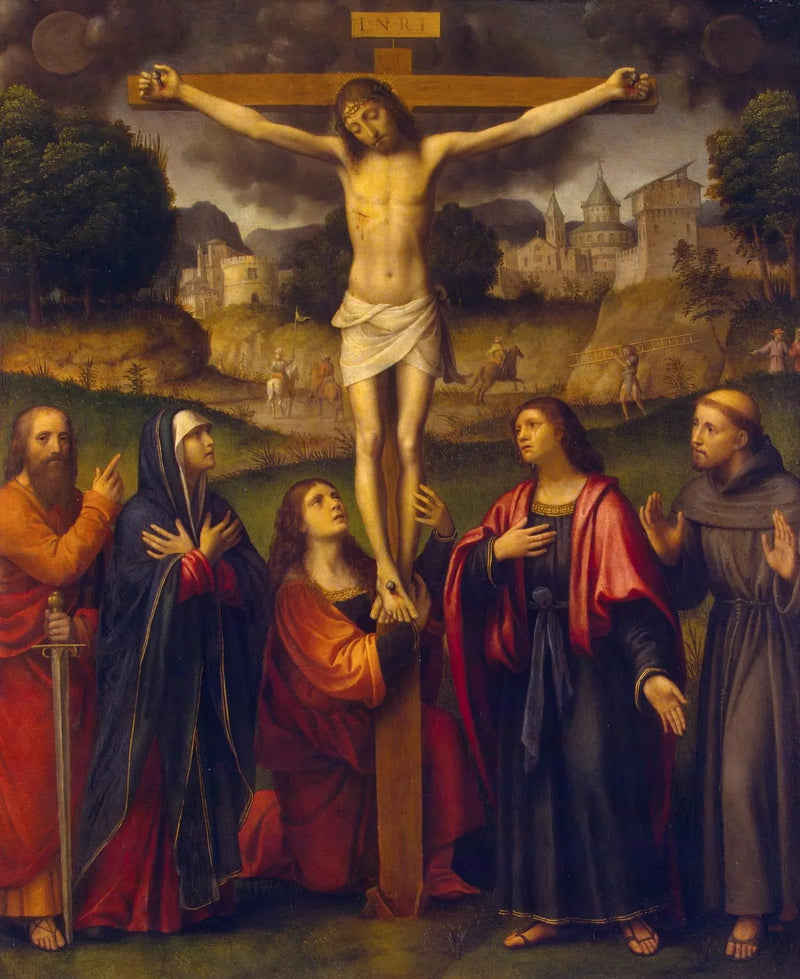 Korsfæstelse med Jomfruen og helgenerne Paulus, Maria Magdalena, Johannes og François - Bernardino Luini