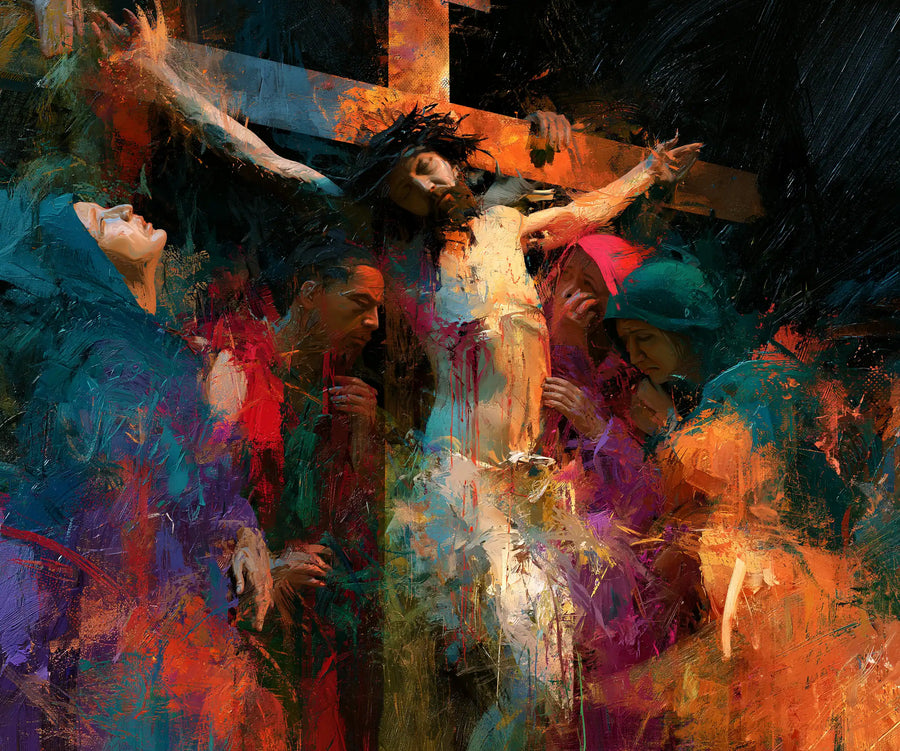 Crucifixion carrée expressionniste en rouge turquoise orange violet et blanc