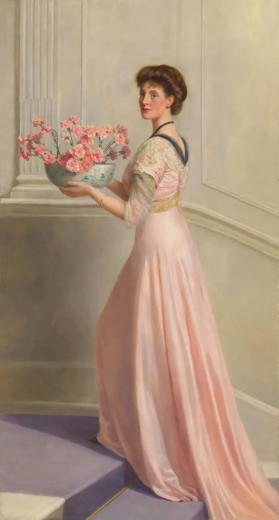 Dame med skål af lyserøde nelliker - John Collier