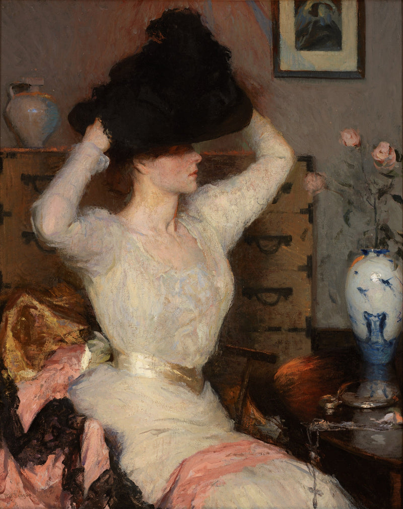 Dame, der prøver en hat (Den sorte hat) - Frank Weston Benson
