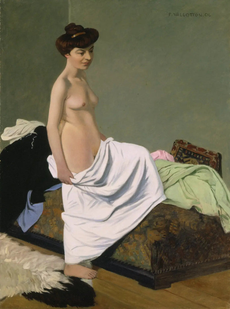 Stående nøgen, holder en kjole på sine knæ - Félix Vallotton