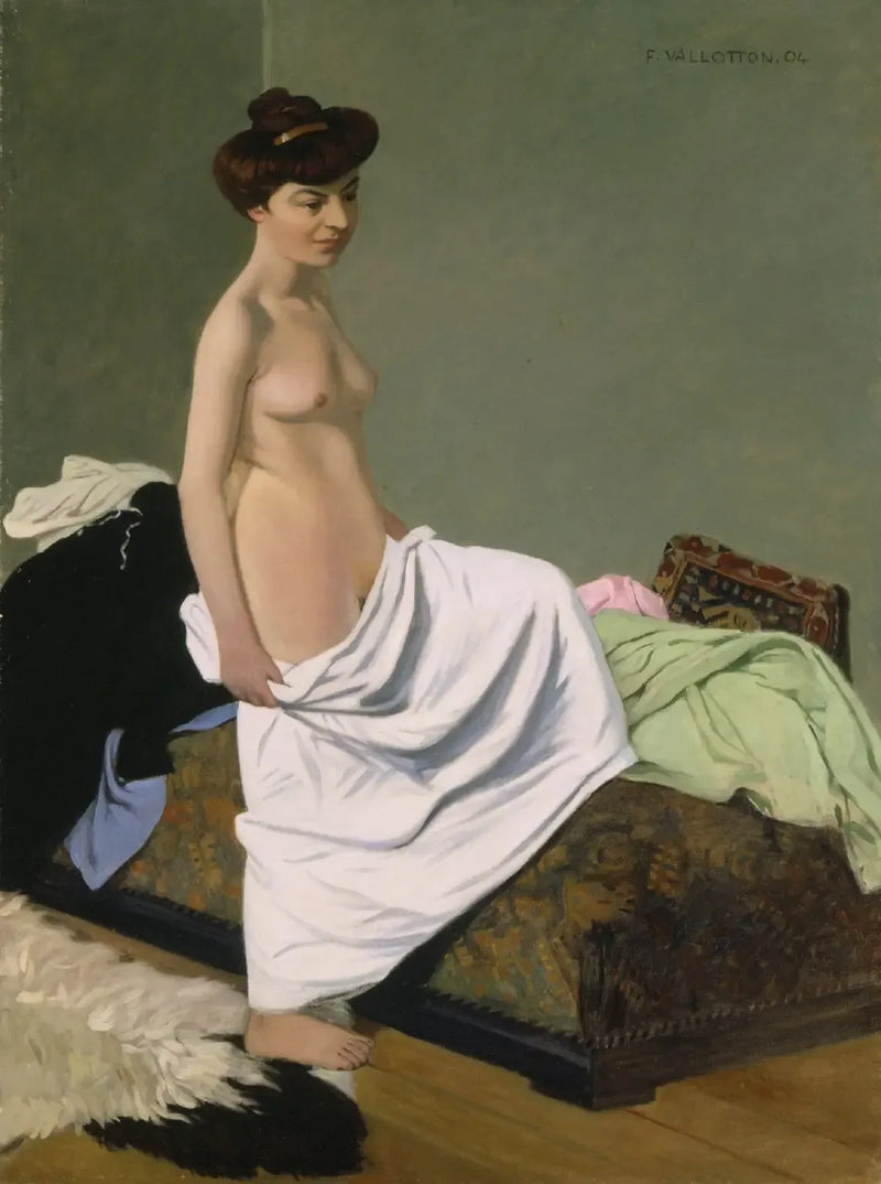 Stående nøgen, holder en kjole på sine knæ - Félix Vallotton