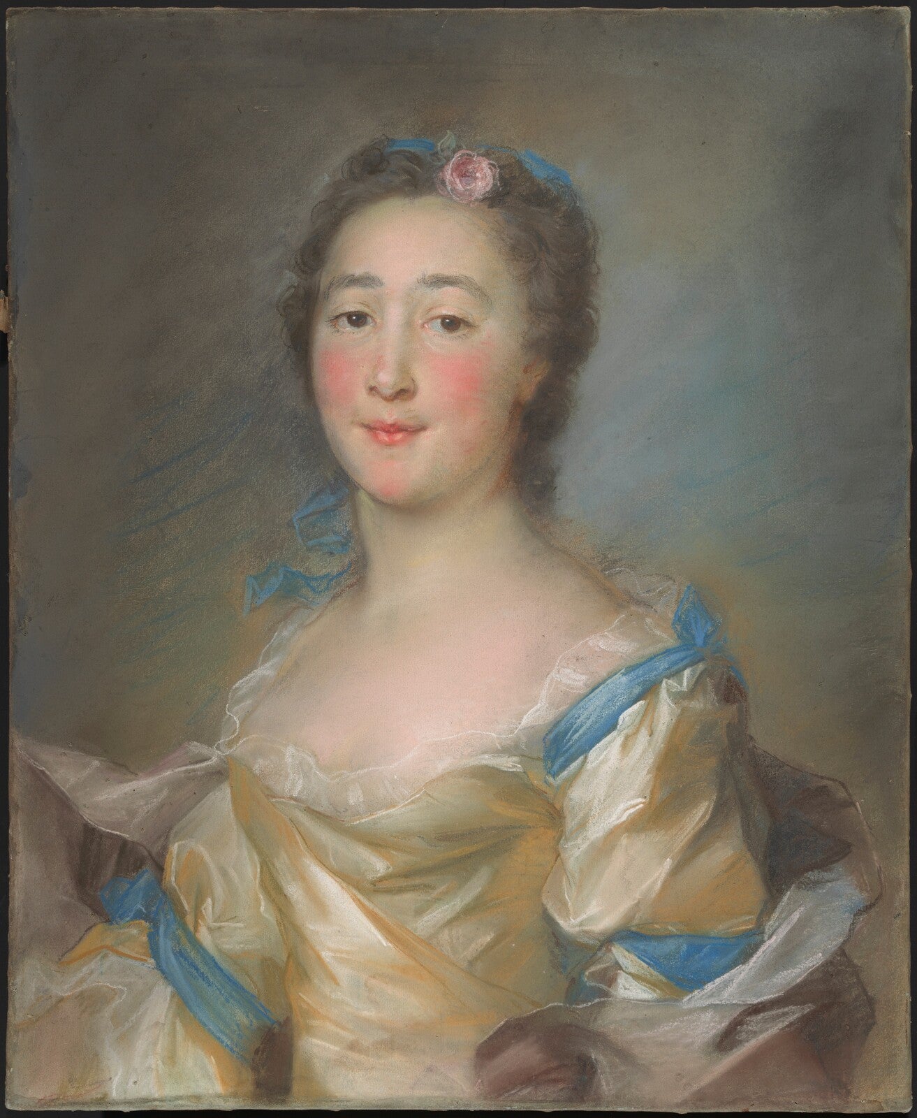 A Young Lady in a Yellow Gown with Blue Ribbons, Jean-Baptiste Perronneau, c. 1767 — pastel, National Gallery of Art