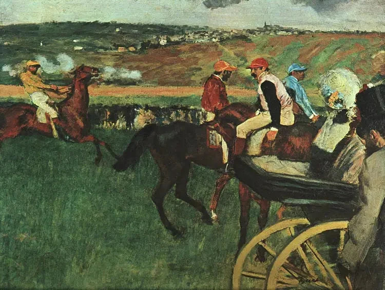 Væddeløbsbanen. Amatørjockeyer nær en bil - Edgar Degas