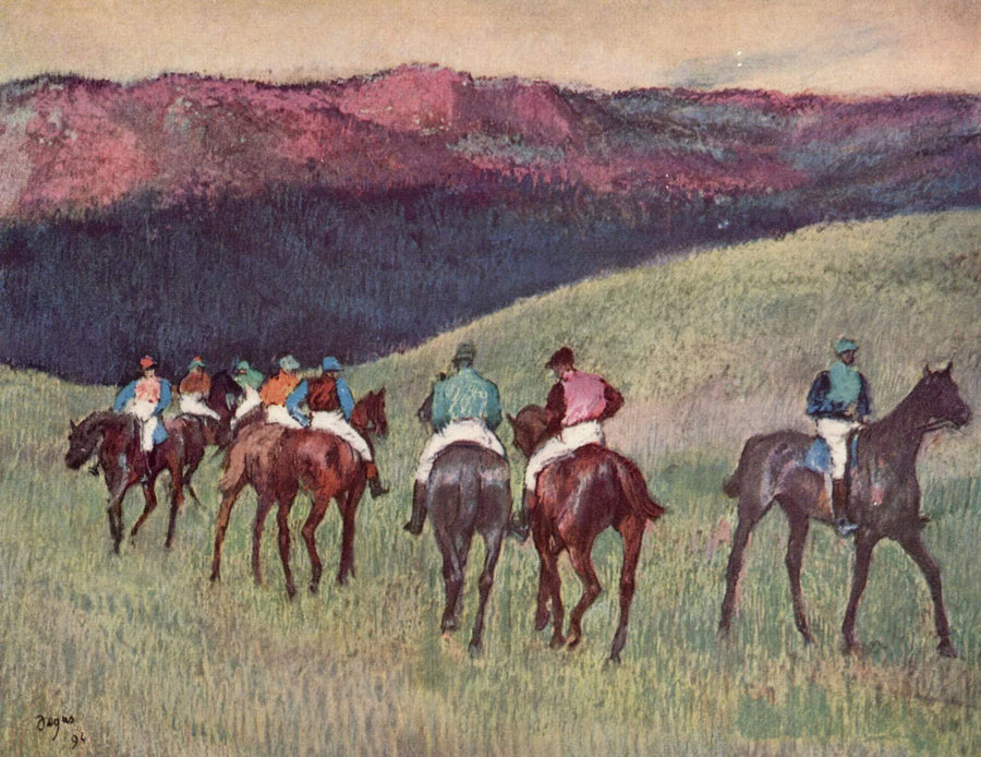 Væddeløbsheste i et landskab - Edgar Degas