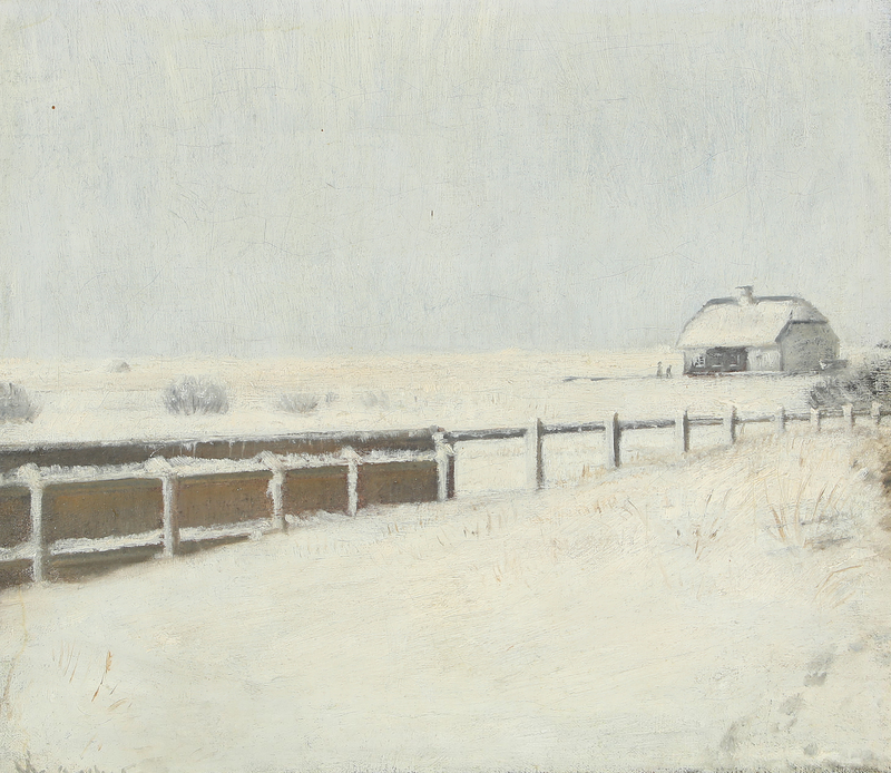 Hegn og en hytte under sneen i Skagen. - Michael Peter Ancher