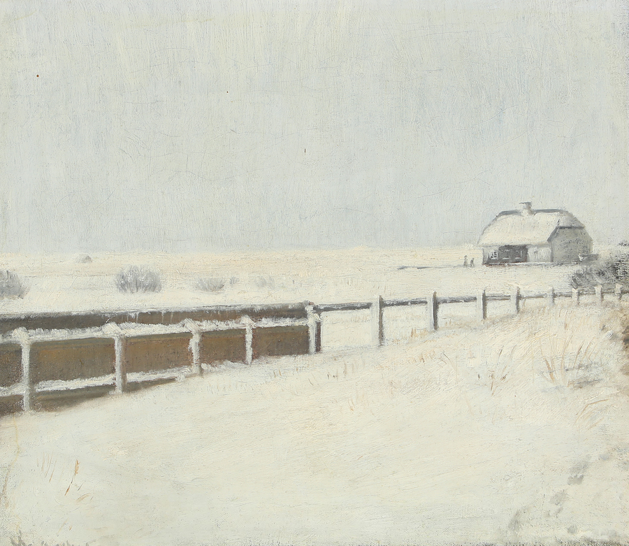 Hegn og en hytte under sneen i Skagen. - Michael Peter Ancher