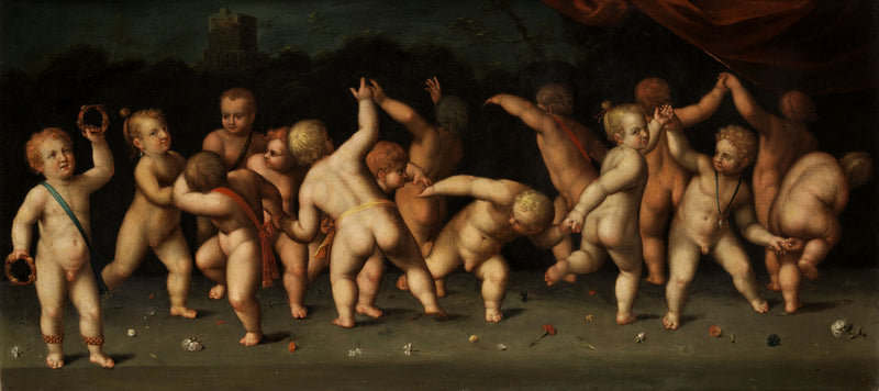 Børn danser i ring og puster i et landskab - Denis Calvaert