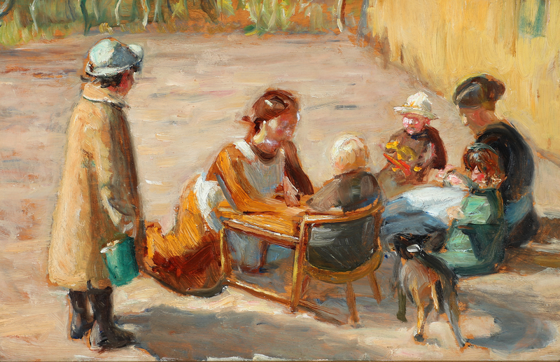 Kvinder og børn i en solrig gårdsplads. - Michael Peter Ancher