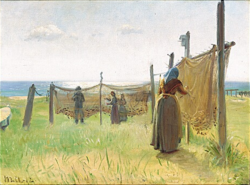 Kvindelige fiskerkoner reparerer deres net i Skagen. - Michael Peter Ancher
