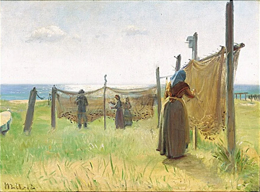 Kvindelige fiskerkoner reparerer deres net i Skagen. - Michael Peter Ancher