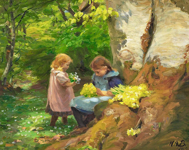 Reproduktion af maleri - Pige plukker anemoner og forårsløg i Hunnerup-skoven nær Odense. - H. A. Brendekilde