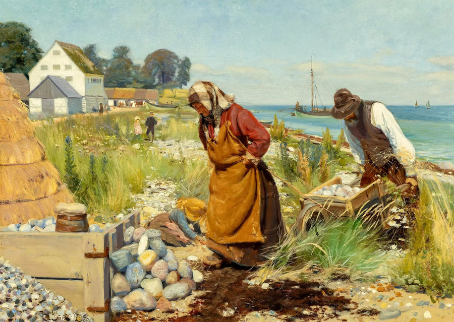 Mennesker skærer i murbrokker nær en strand i Stevns, Danmark. - H. A. Brendekilde