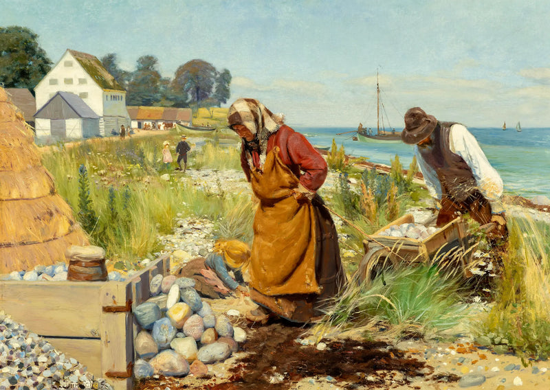 Mennesker skærer i murbrokker nær en strand i Stevns, Danmark. - H. A. Brendekilde