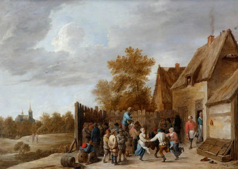 En bonde danser foran en kro, med en landsbykirke i det fjerne - David Teniers den Yngre