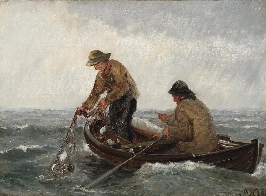 Fiskere i en oppustelig båd henter deres net. - Michael Peter Ancher