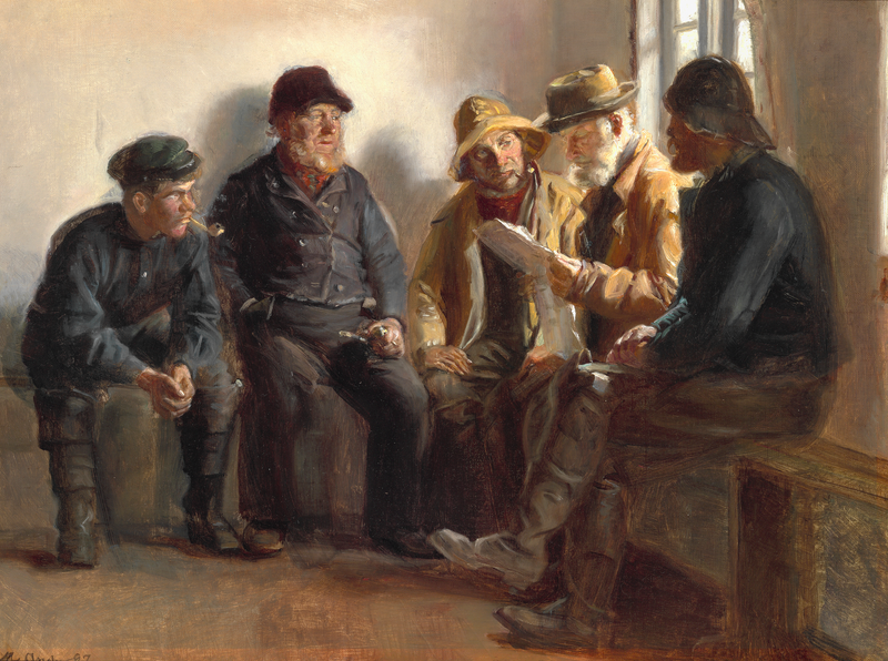 Fiskere i en købmandsforretning i Skagen. Seren Kruse læser dagens avis. - Michael Peter Ancher